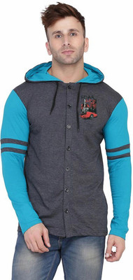 BEYOU FASHION Graphic Print Men Hooded Neck Grey, Light Blue T-Shirt