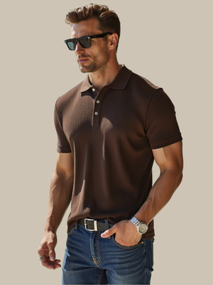 TeeWink Self Design Men Polo Neck Brown T-Shirt