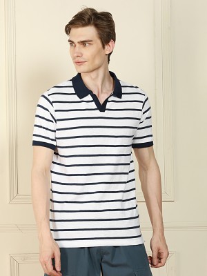 Dennis Lingo Striped Men Polo Neck White T-Shirt