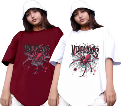 RS FASHION Printed Women Round Neck Maroon, White T-Shirt