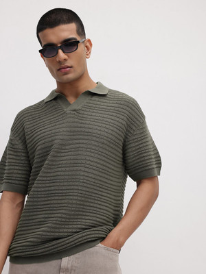 Roadster Self Design Men Polo Neck Grey T-Shirt