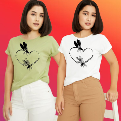 Parona Printed Women Round Neck Green, White T-Shirt
