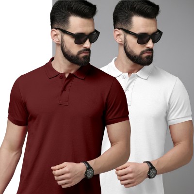 METRONAUT Solid Men Polo Neck Maroon, White T-Shirt