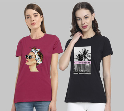 CHOQU Printed Women Round Neck Pink, Black T-Shirt