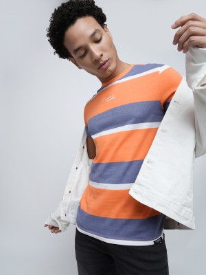 JACK & JONES Striped Men Round Neck Orange T-Shirt