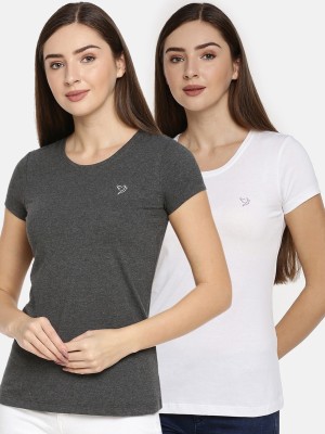 TWIN BIRDS Solid Women Round Neck Black, White T-Shirt