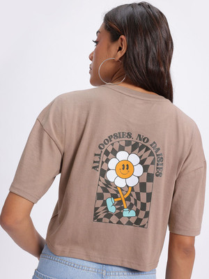 Glitchez Printed Women Round Neck Brown T-Shirt