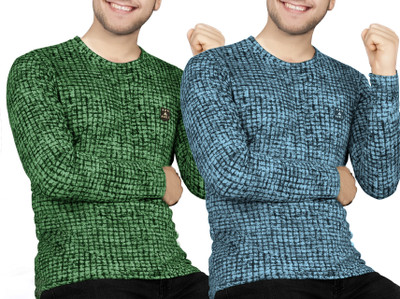 AVOLT Self Design Men Round Neck Light Green, Light Blue T-Shirt
