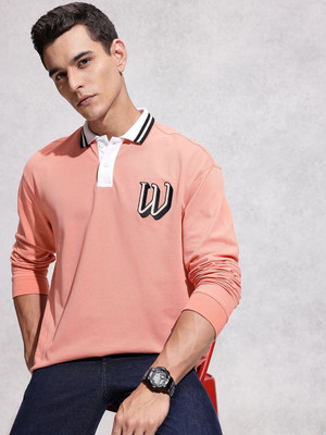 WROGN Self Design Men Polo Neck Orange T-Shirt