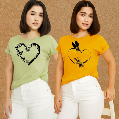 Kasendra Graphic Print Women Round Neck Green, Yellow T-Shirt
