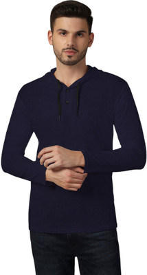 GEUM Solid Men Hooded Neck Navy Blue T-Shirt