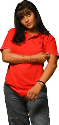 JOYKART Solid Women Polo Neck Red T-Shirt