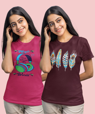 JILZ Printed Women Round Neck Pink, Maroon T-Shirt