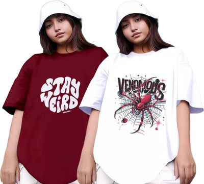 RS FASHION Printed Women Round Neck Maroon, White T-Shirt