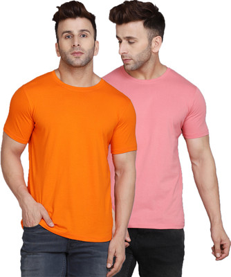 SLOWLORIS Solid Men Round Neck Orange, Pink T-Shirt