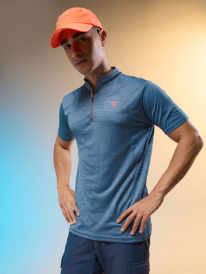 TECHNOSPORT Self Design Men Zip Neck Light Blue T-Shirt