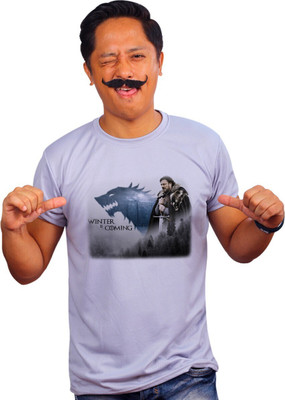 Mooch Wale Printed Men Round Neck Grey T-Shirt