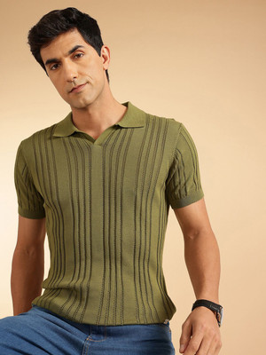French Connection Self Design Men Polo Neck Green T-Shirt