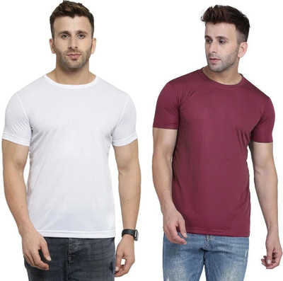 TQH Solid Men Round Neck White, Maroon T-Shirt
