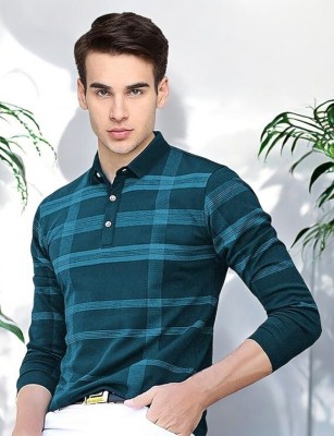 Autna Checkered Men Polo Neck Green T-Shirt