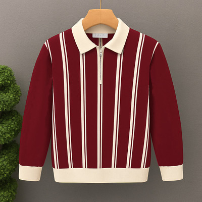 NB NICKY BOY Striped Men Zip Neck Maroon, White T-Shirt