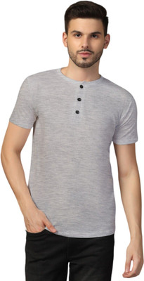 GEUM Solid Men Henley Neck Silver T-Shirt