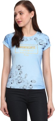 V-MART Typography, Floral Print Women Round Neck Light Blue T-Shirt