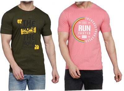 WOOSTRO Graphic Print Men Round Neck Dark Green, Pink T-Shirt
