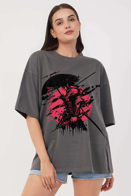 Absolute Monarchy Printed Women Round Neck Grey T-Shirt