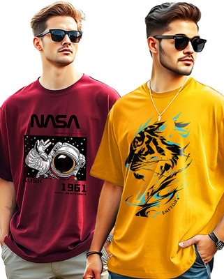 AUSK Printed Men Round Neck Yellow, Maroon T-Shirt