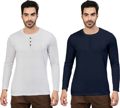 FTX Solid Men Round Neck White, Navy Blue T-Shirt