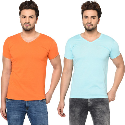 Tresna Fab Solid Men V Neck Blue, Orange T-Shirt