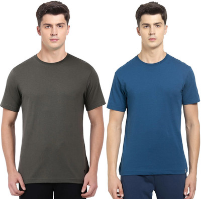 JOCKEY Solid Men Round Neck Dark Green, Blue T-Shirt