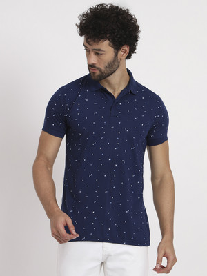 TISSORA Printed Men Polo Neck Dark Blue T-Shirt