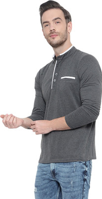 JB Jangoboy Solid Men Mandarin Collar Grey T-Shirt