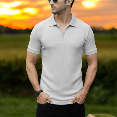 The Stanch Self Design Men Polo Neck White T-Shirt