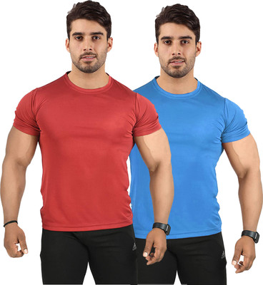 UDI n ADI Solid Men Round Neck Light Blue, Maroon T-Shirt