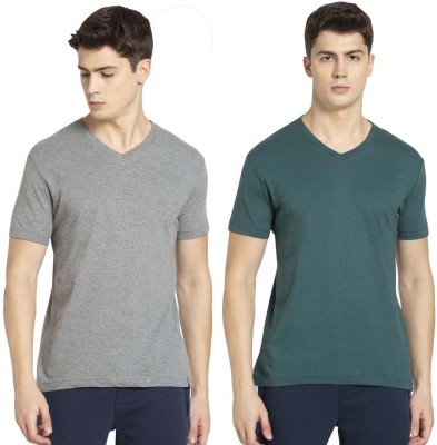 JOCKEY Solid Men V Neck Grey, Green T-Shirt