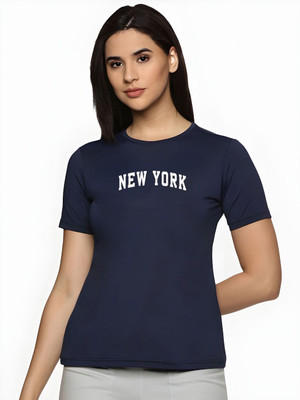 SZN Typography Women Round Neck Navy Blue T-Shirt