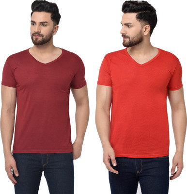 Adorbs Trend Solid Men V Neck Red, Maroon T-Shirt