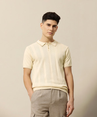 Mr Bowerbird Self Design Men Polo Neck Beige T-Shirt