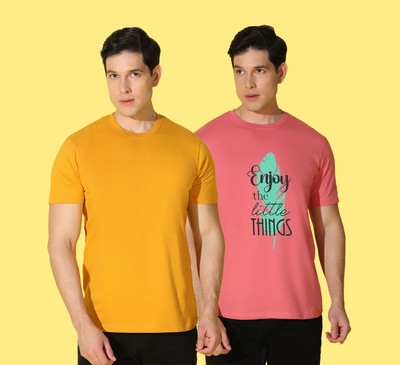 WOOSTRO Typography Men Round Neck Yellow, Pink T-Shirt