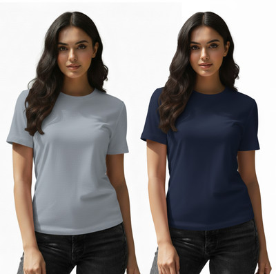 Piekncart Solid Women Round Neck Reversible Light Blue, Navy Blue T-Shirt