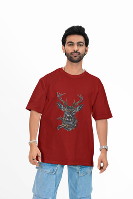 J&D brand Printed Men Cowl Neck Maroon T-Shirt