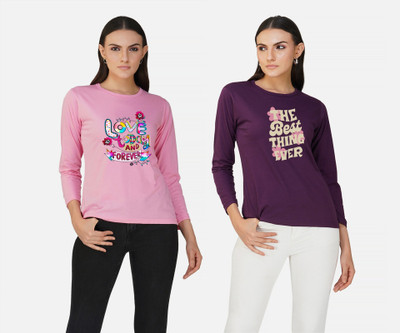 CHOZI Printed Women Round Neck Pink, Purple T-Shirt