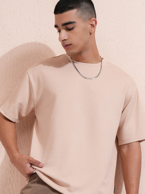 HIGHLANDER Self Design Men Round Neck Beige T-Shirt