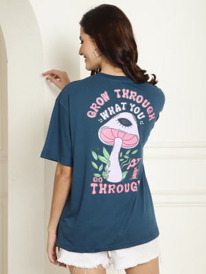 Fabflee Graphic Print Women Round Neck Dark Blue T-Shirt