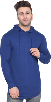 Money Leaf Solid Men Hooded Neck Blue T-Shirt