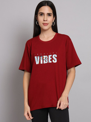 ROYAL LIYO Printed Women Round Neck Maroon T-Shirt