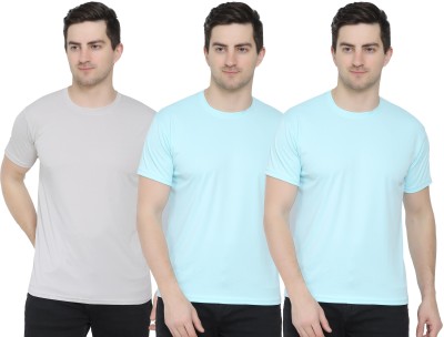 YUALIN CREATION Solid Men Round Neck Light Blue, White T-Shirt